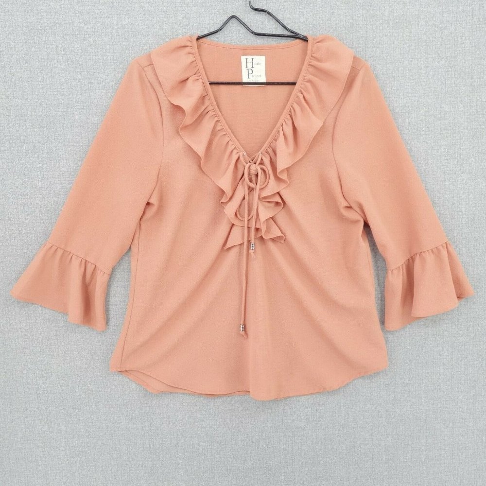Haute Los Angeles Blouse Womens Medium Orange Ruffle Bell Sleeve Tassel Stretch